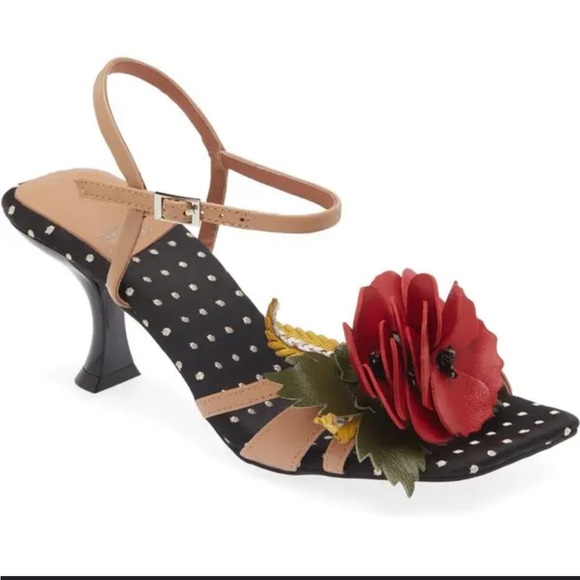 Jeffrey Campbell Amaryllis Black Dot Heels with Red Floral Accent